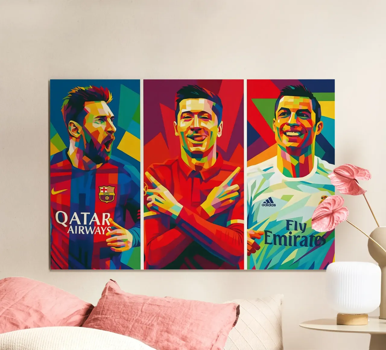 Messi, Lewandowski, Ronaldo art poster con telaio in legno da BONANZA