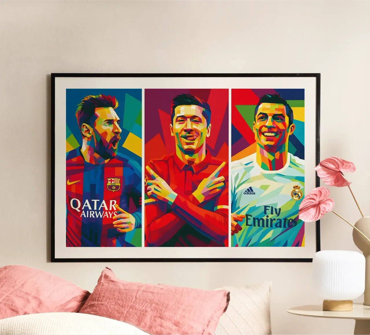 Messi, Lewandowski, Ronaldo art poster con telaio in legno da BONANZA