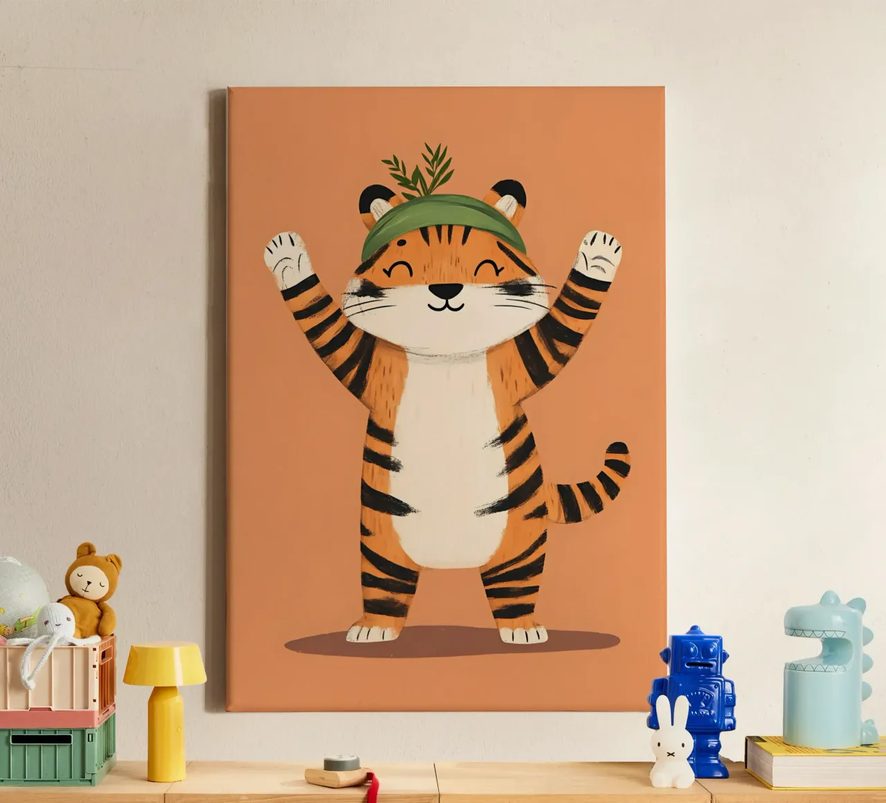 Happy Tiger with Green Hat Whimsical Art Print canvas with Floater frame by vintagepod