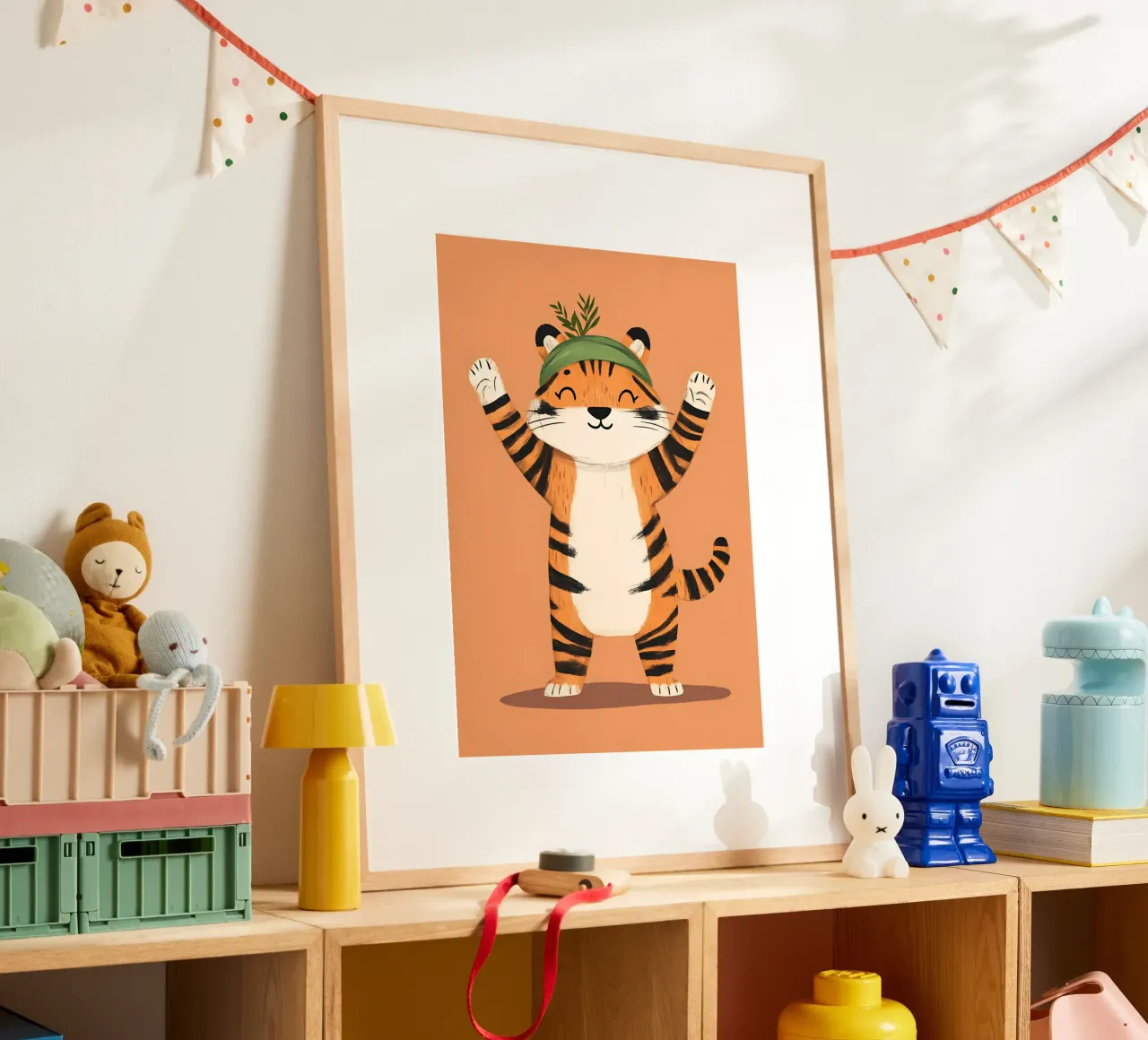 Tigre felice con cappello verde Stampa d'arte stravagante poster con telaio in alluminio da vintagepod
