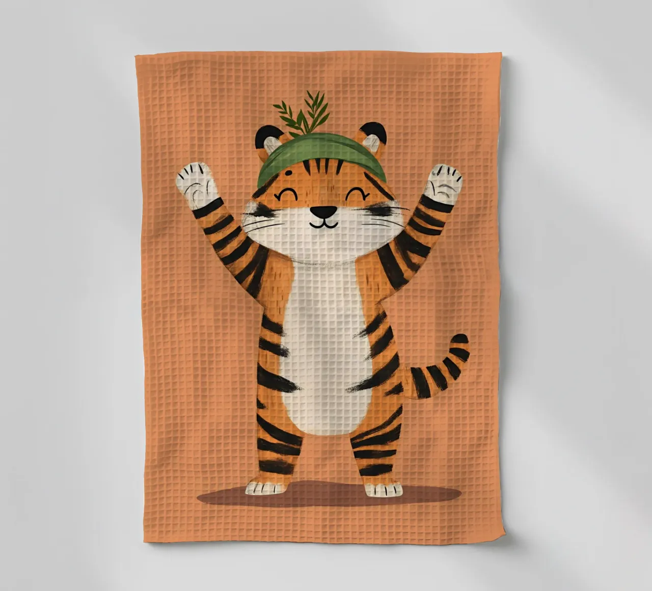 Tigre joyeux avec chapeau vert Impression d'art fantaisiste torchon de vintagepod