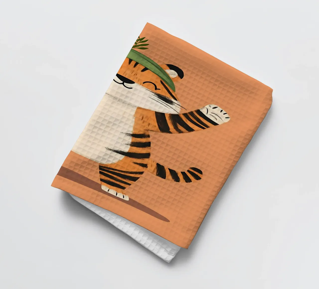 Tigre joyeux avec chapeau vert Impression d'art fantaisiste torchon de vintagepod