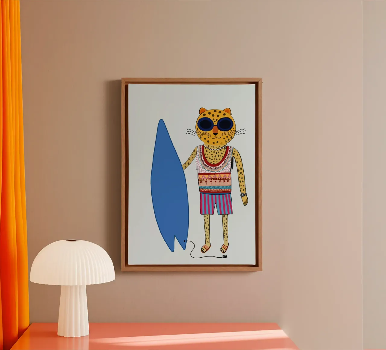 Surfer Leopard Cool Animal Beach Poster tela con Cornice a cassetta da vintagepod