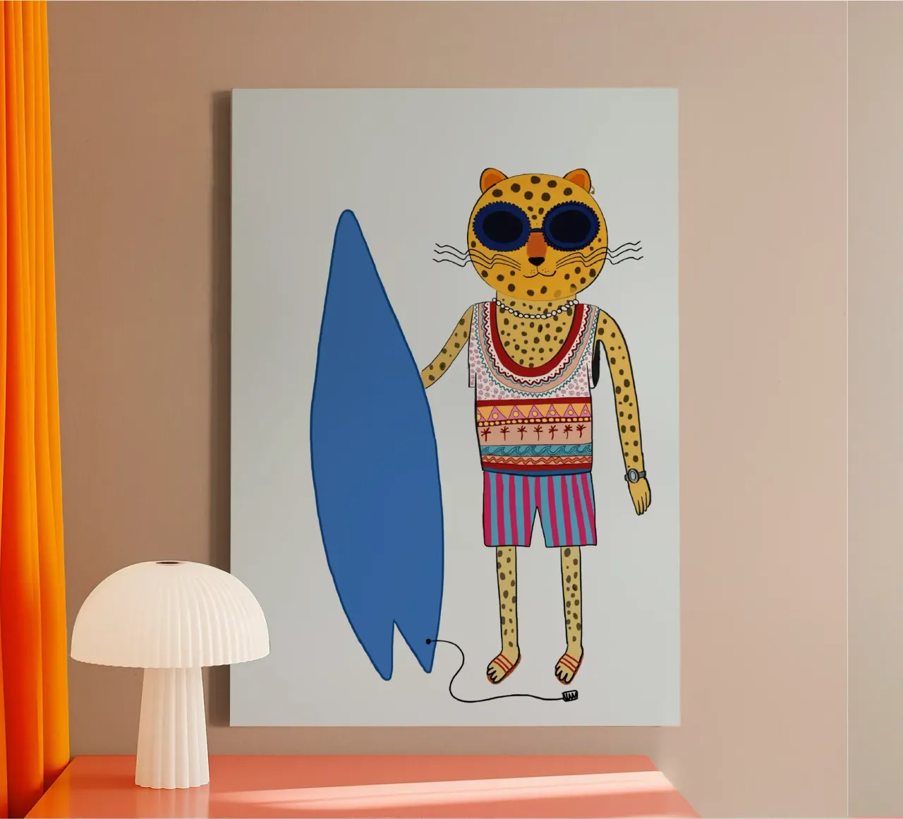 Surfer Leopard Cool Animal Beach Poster tela con Cornice a cassetta da vintagepod