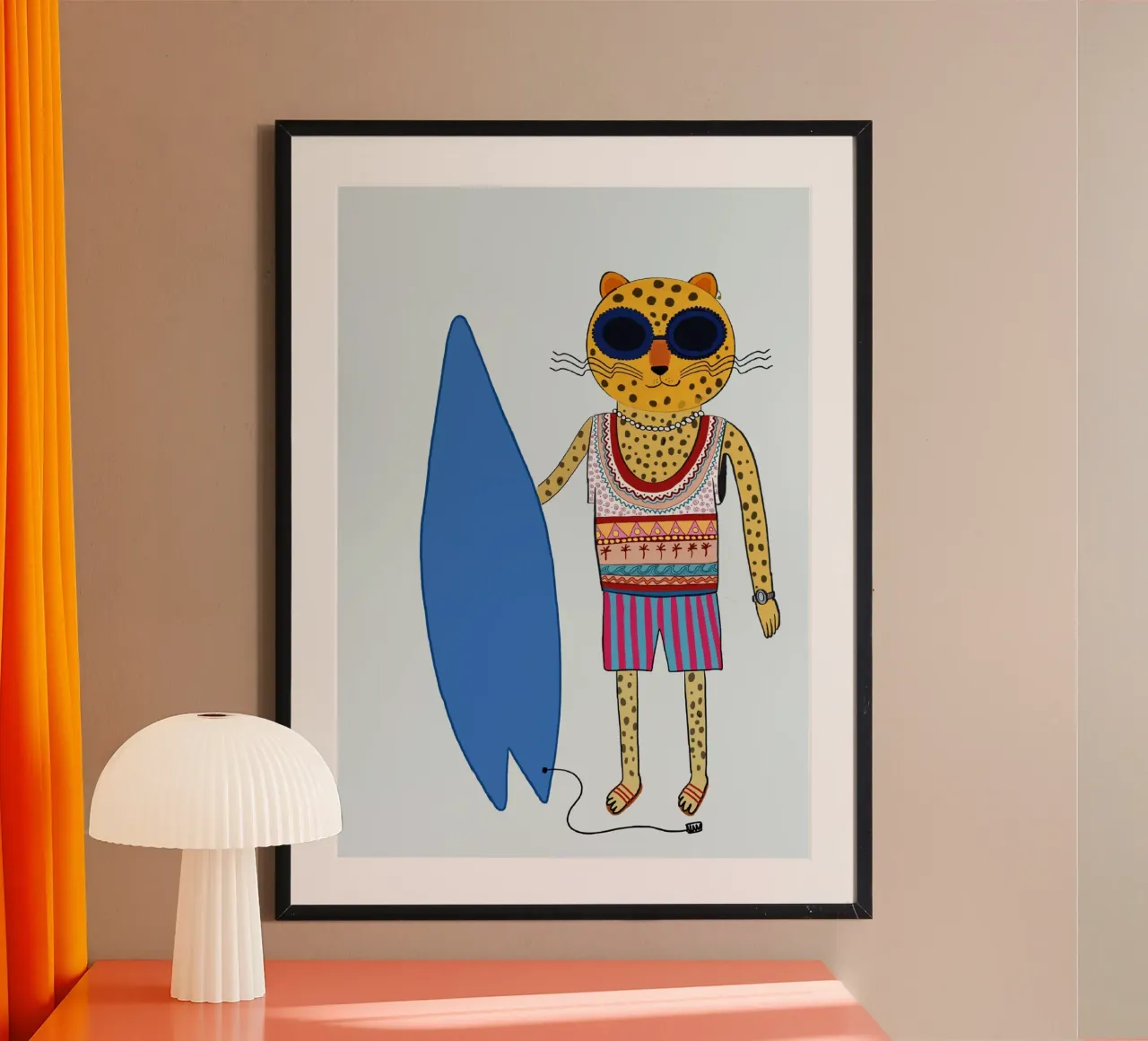 Surfer Leopard Cool Animal Beach Poster poster con telaio in legno da vintagepod