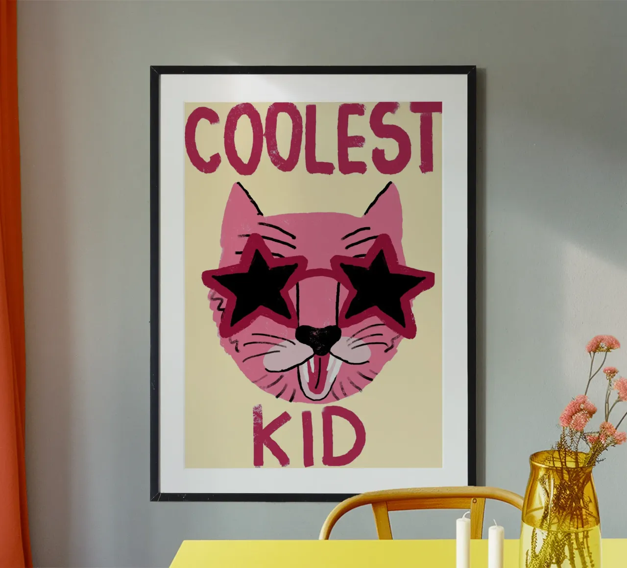 Stampa d'arte degli occhiali da sole a forma di stella di gatto del bambino più cool del mondo poster con telaio in alluminio da vintagepod