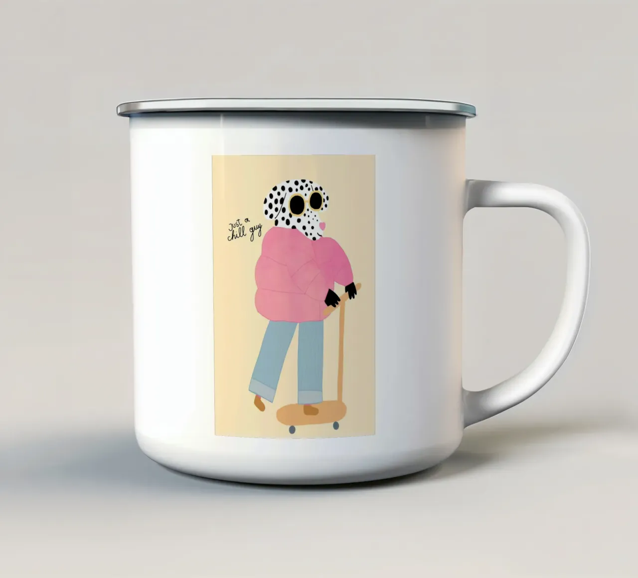Stampa d'arte "Just a Chill Guy Dalmatian on Scooter". tazza in smalto da vintagepod