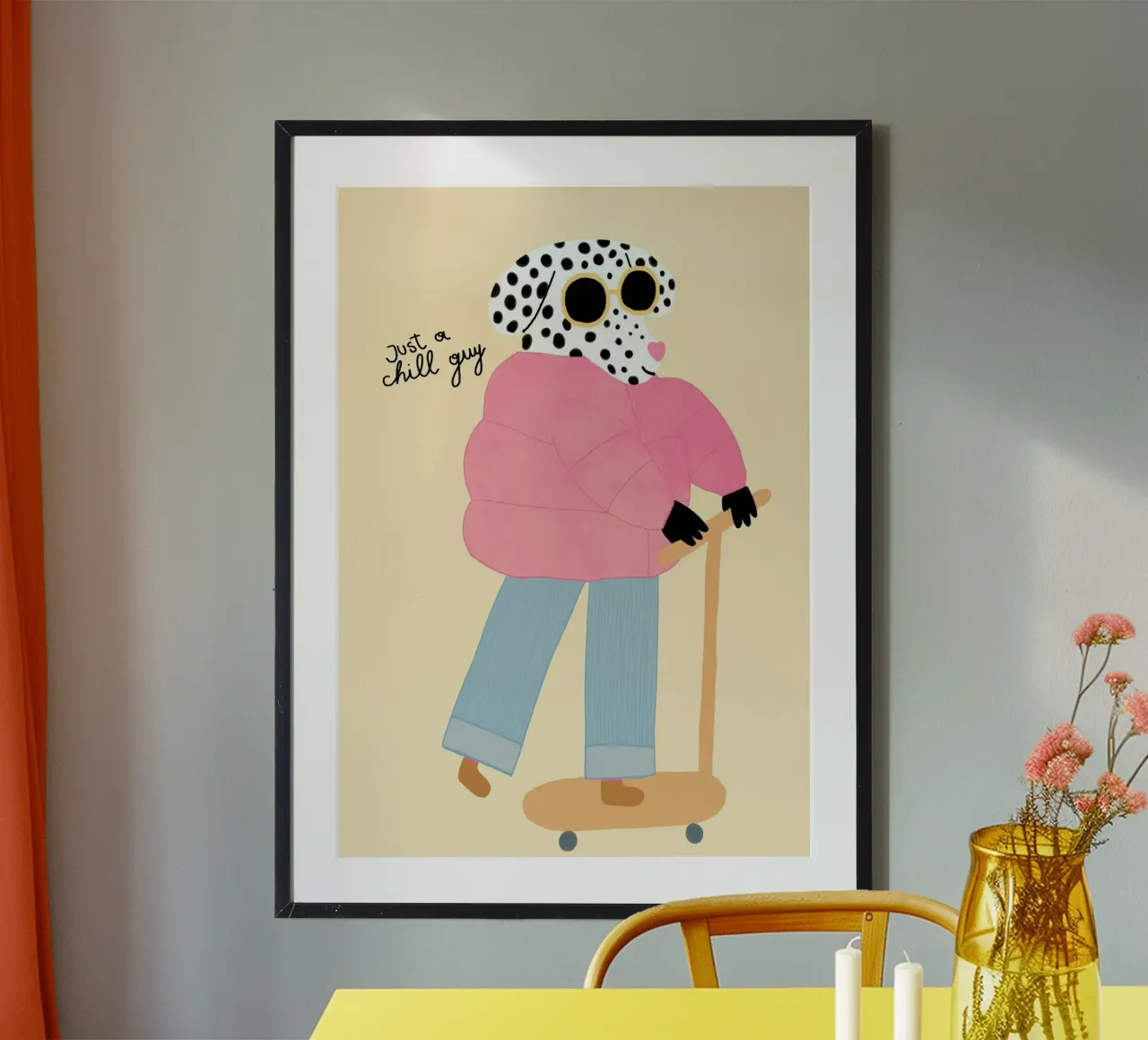 Stampa d'arte "Just a Chill Guy Dalmatian on Scooter". poster con telaio in plastica da vintagepod