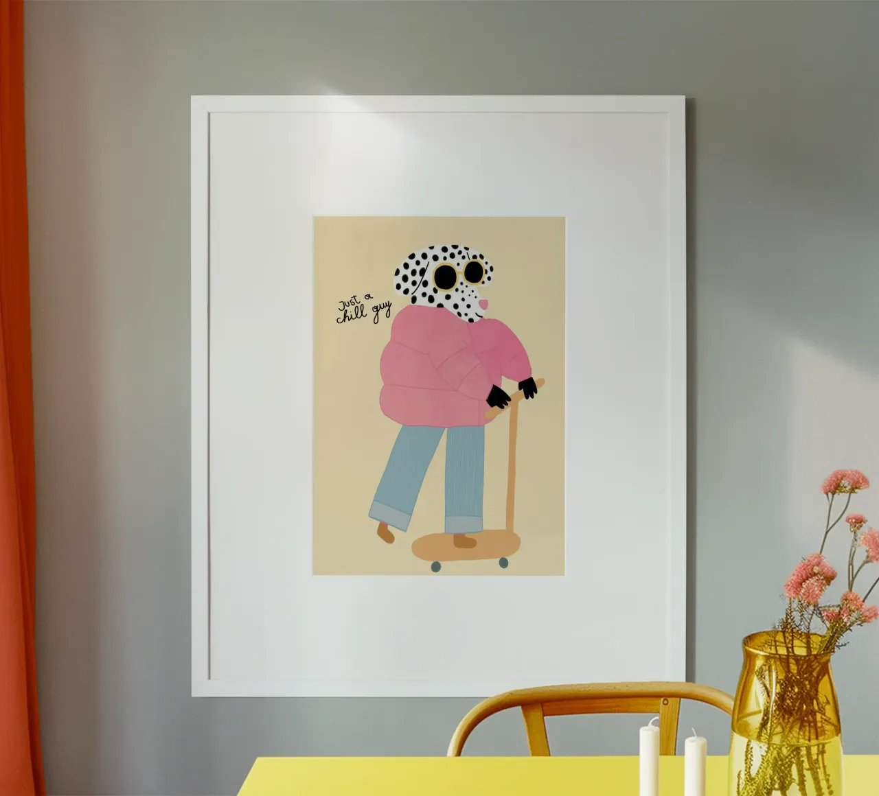 Stampa d'arte "Just a Chill Guy Dalmatian on Scooter". poster con telaio in plastica da vintagepod