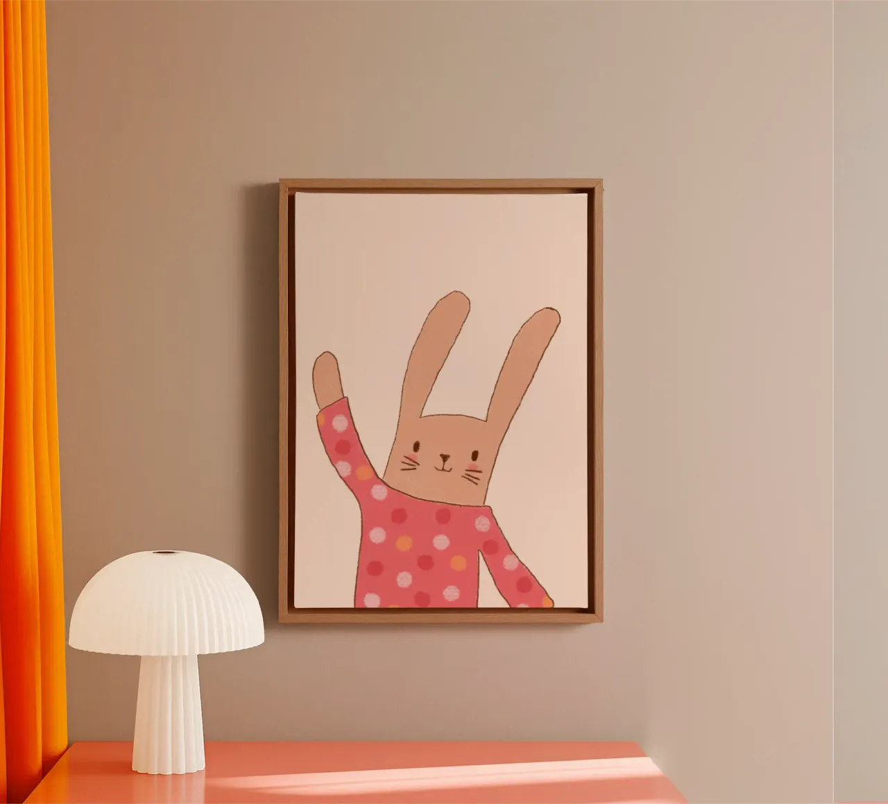 Lapin mignon faisant un signe de la main avec une chemise à pois toile avec Caisse américaine de vintagepod