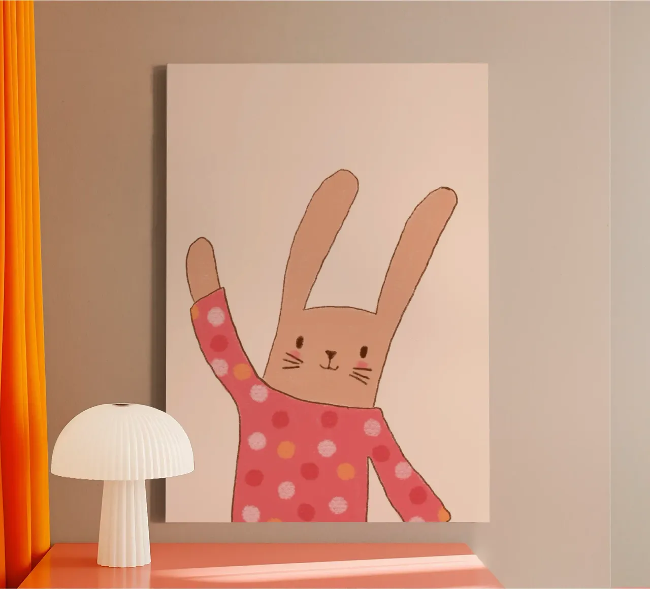 Lapin mignon faisant un signe de la main avec une chemise à pois toile avec Caisse américaine de vintagepod