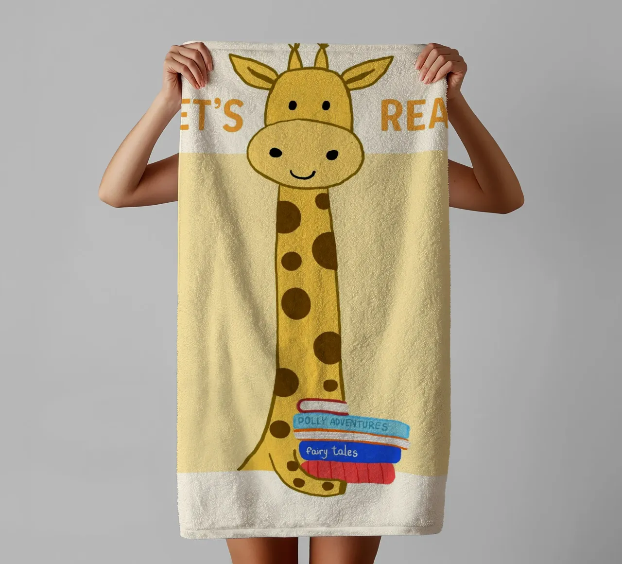 "Let's Read" Giraffe Book Lover Art Print towel by vintagepod