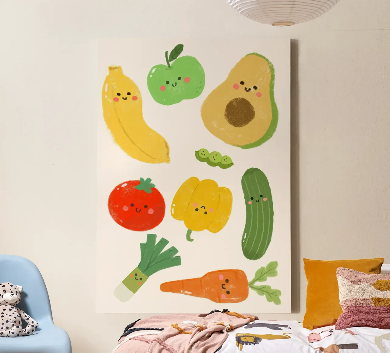 Cute Fruits and Veggies Kawaii Art Print canvas with Floater frame by vintagepod