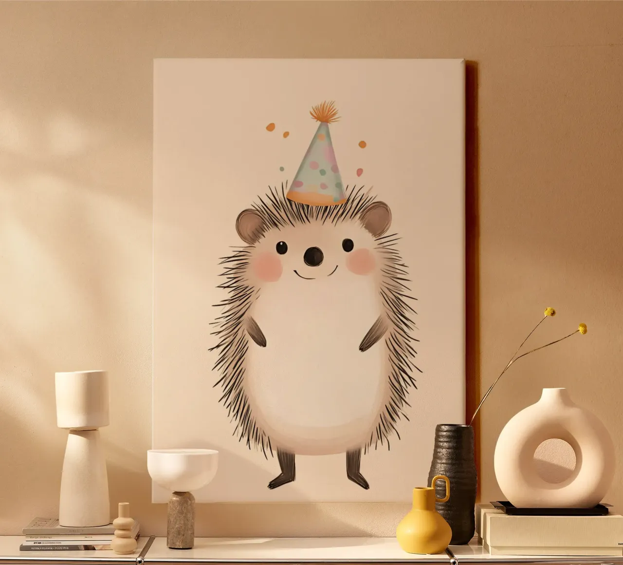 Cute Hedgehog with Party Hat Nursery Art canvas with Floater frame by vintagepod