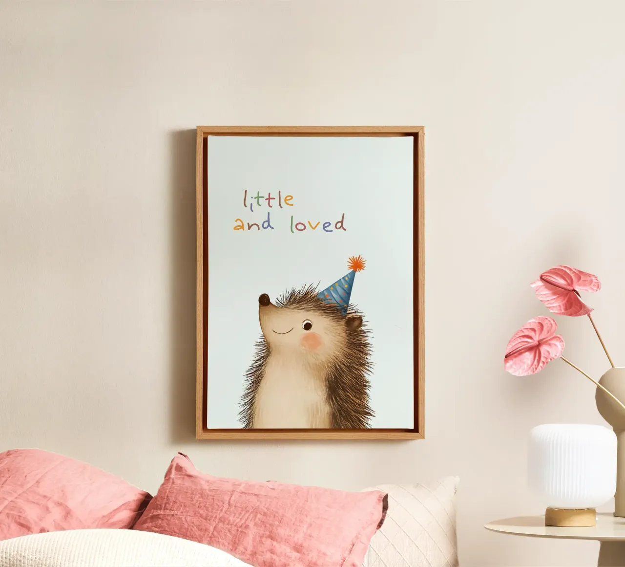 "Little and Loved" Hedgehog Nursery Art canvas with Floater frame by vintagepod