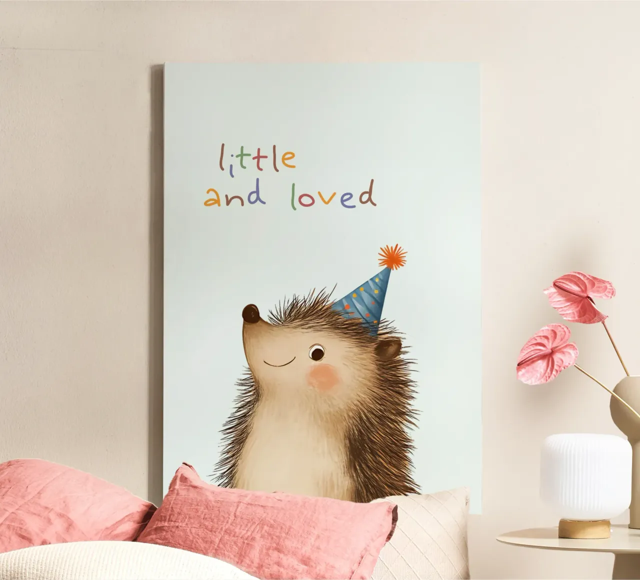 "Little and Loved" Hedgehog Nursery Art canvas with Floater frame by vintagepod