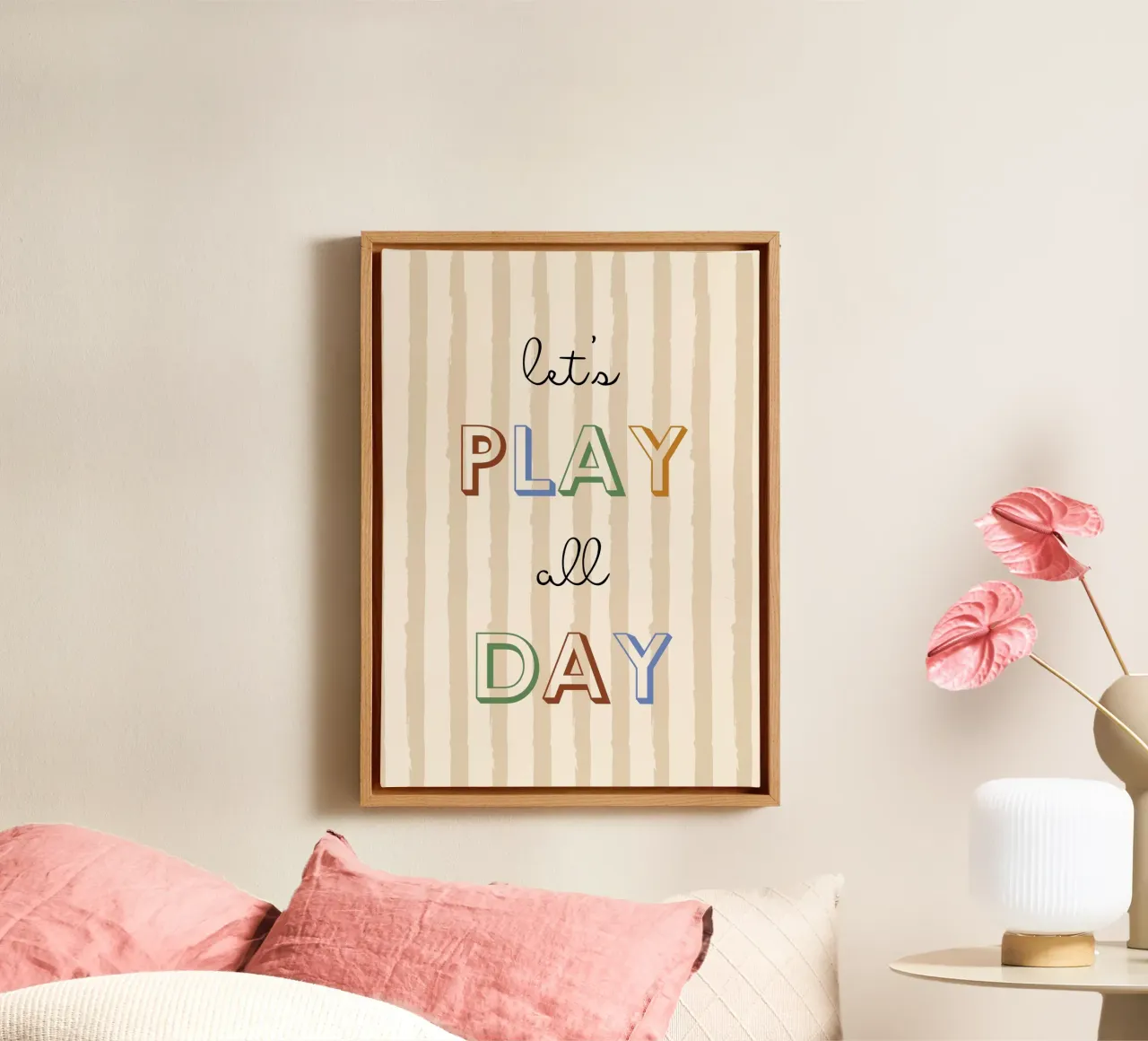 "Let's Play All Day" Typografie kunstdruk canvas met Baklijst van vintagepod