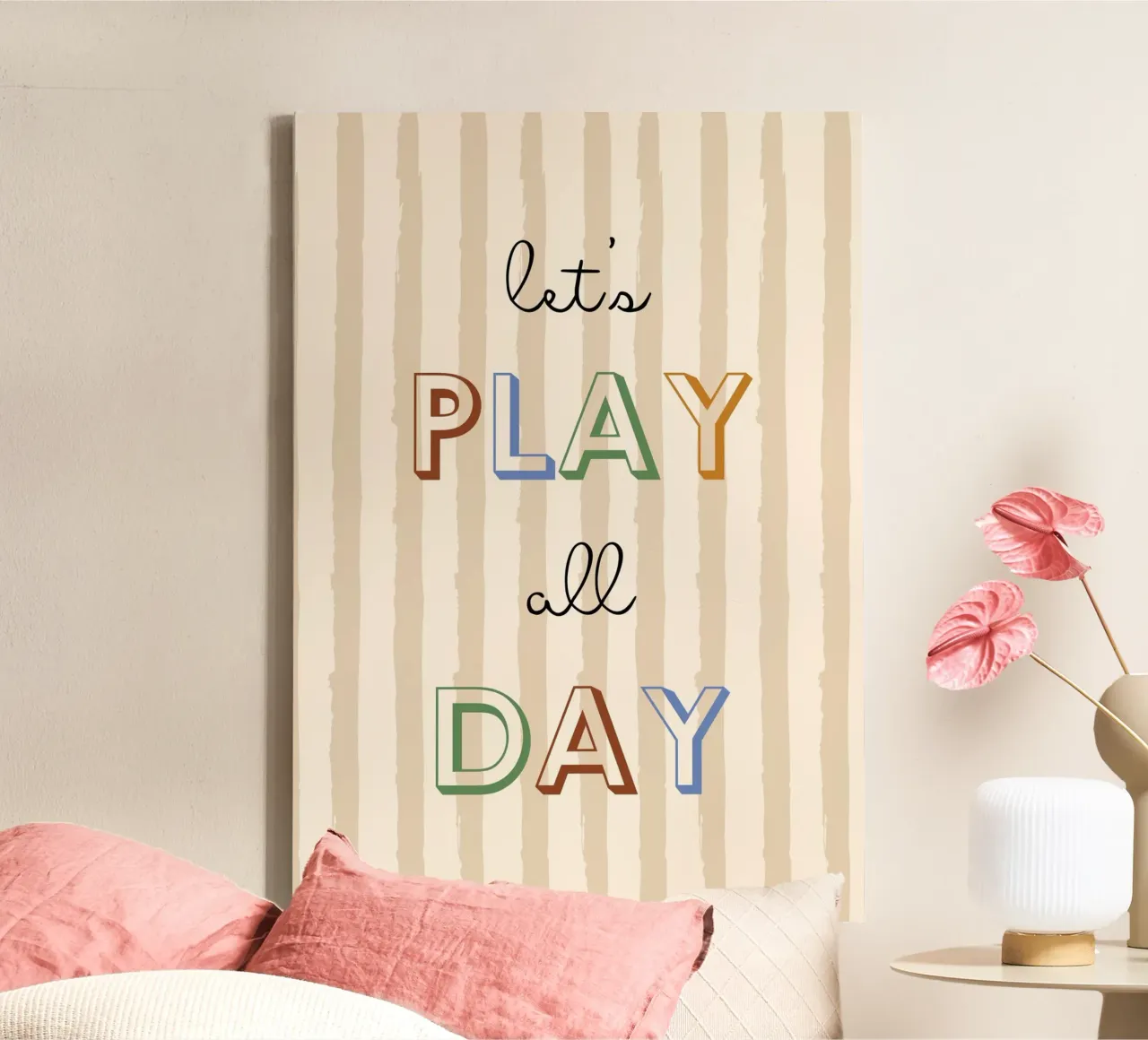 "Let's Play All Day" Typografie kunstdruk canvas met Baklijst van vintagepod