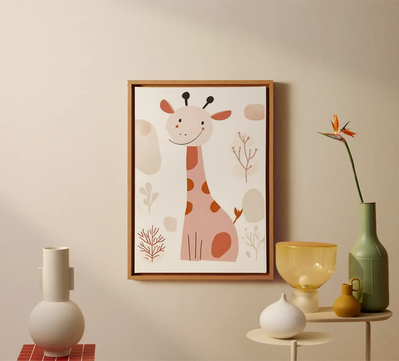 Sweet Pink Giraffe Boho Nursery Art Print canvas met Baklijst van vintagepod