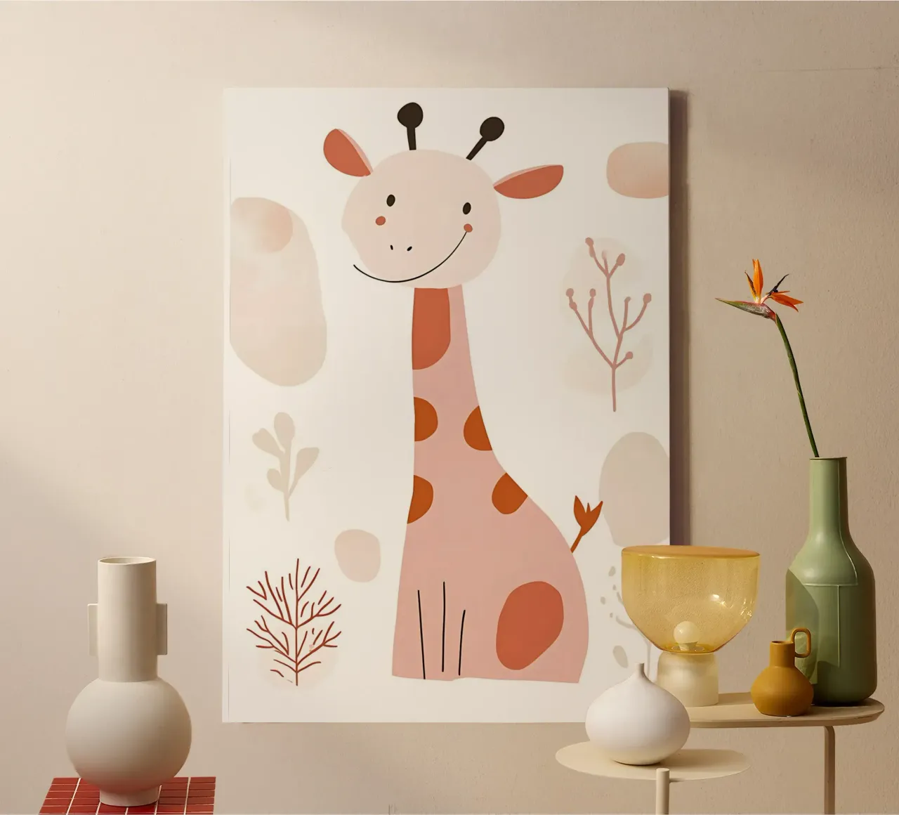 Sweet Pink Giraffe Boho Nursery Art Print canvas met Baklijst van vintagepod
