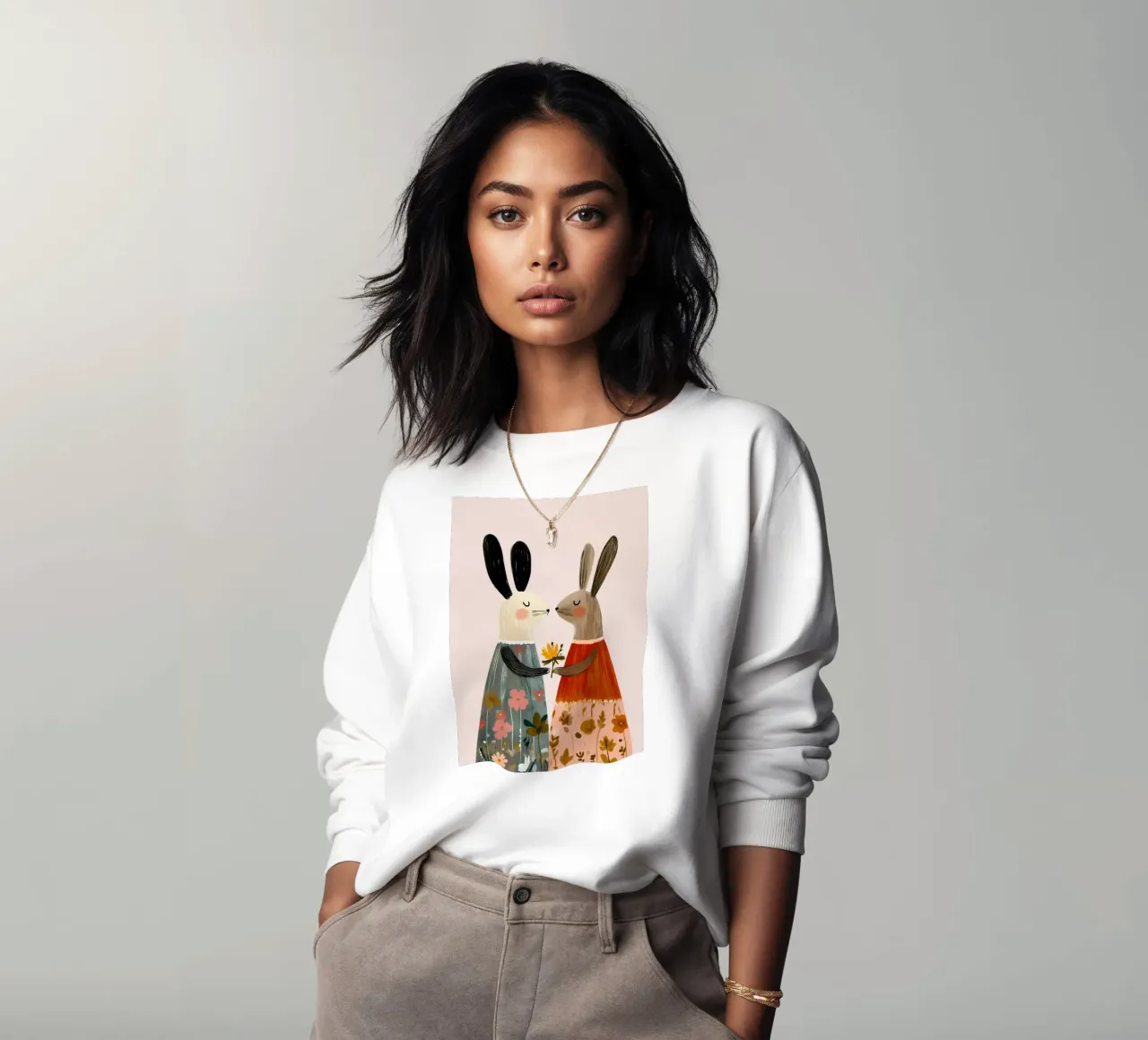 Dos conejos dando flores Bohemian Art Print sudadera de vintagepod