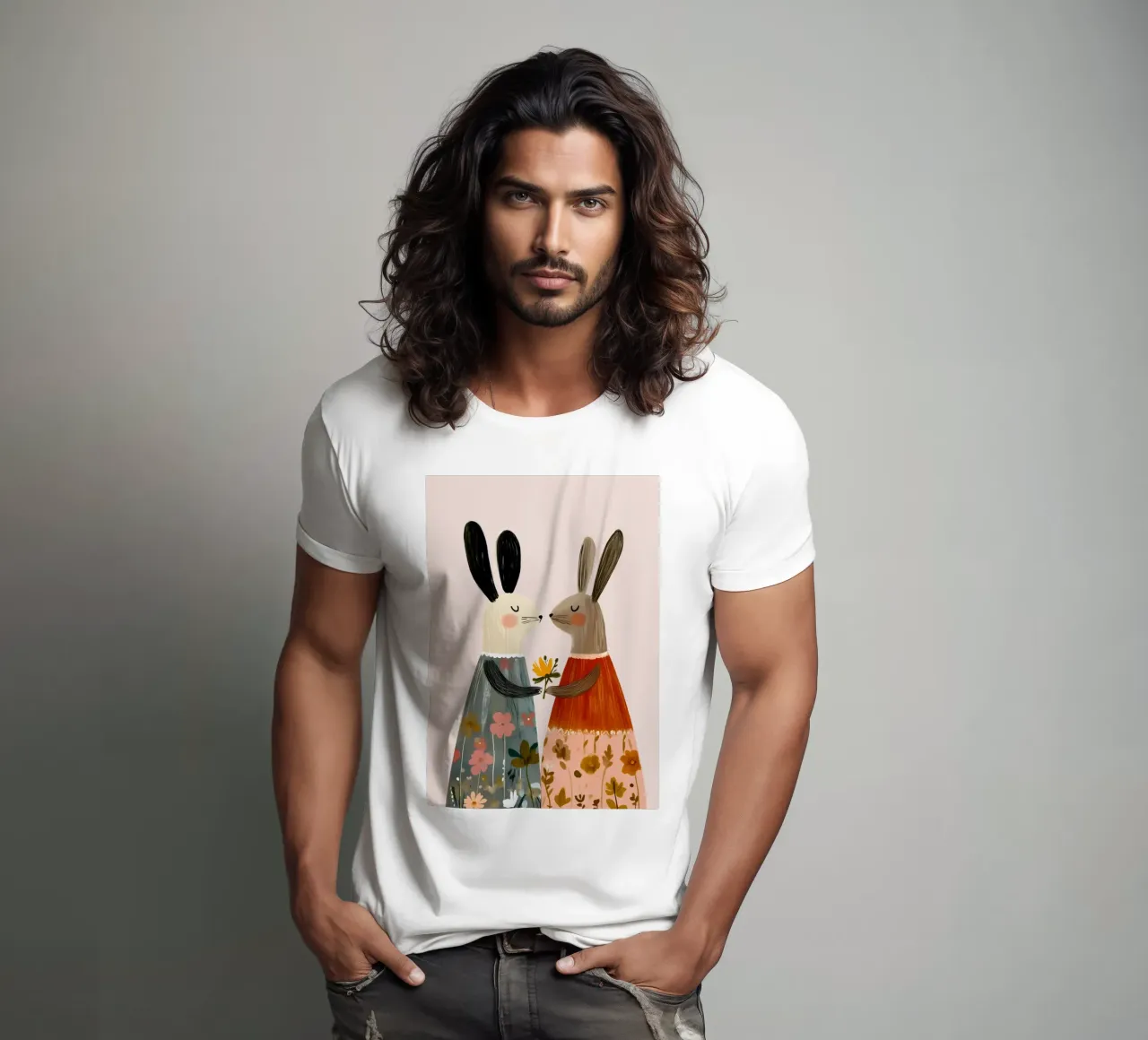 Dos conejos dando flores Bohemian Art Print camiseta de vintagepod