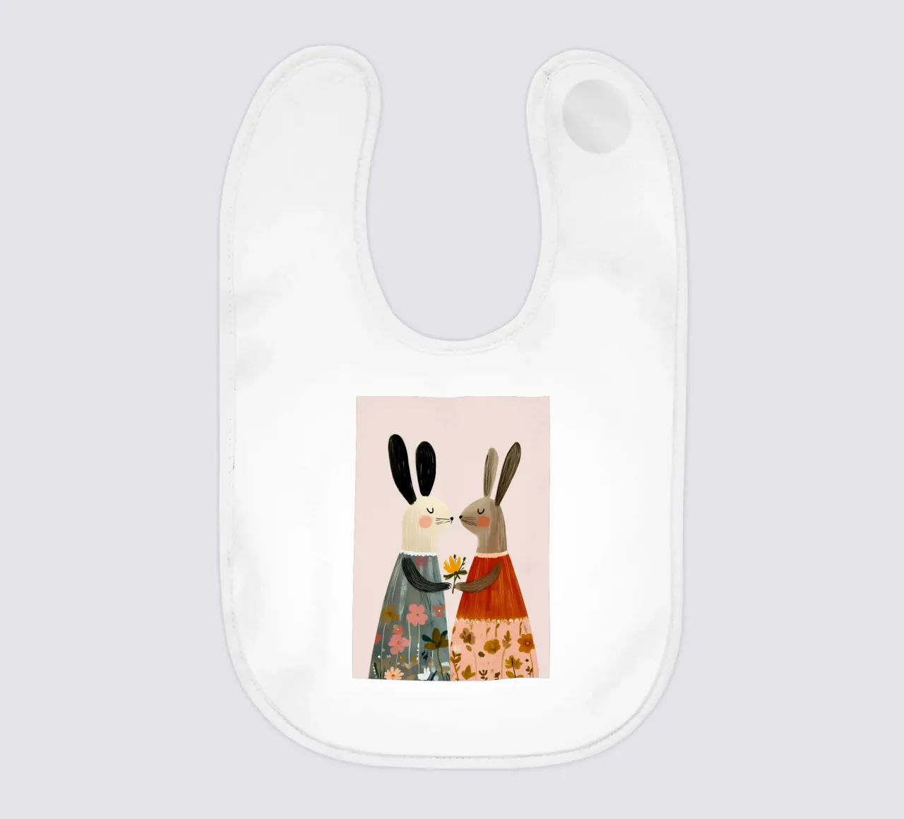Dos conejos dando flores Bohemian Art Print babero de vintagepod