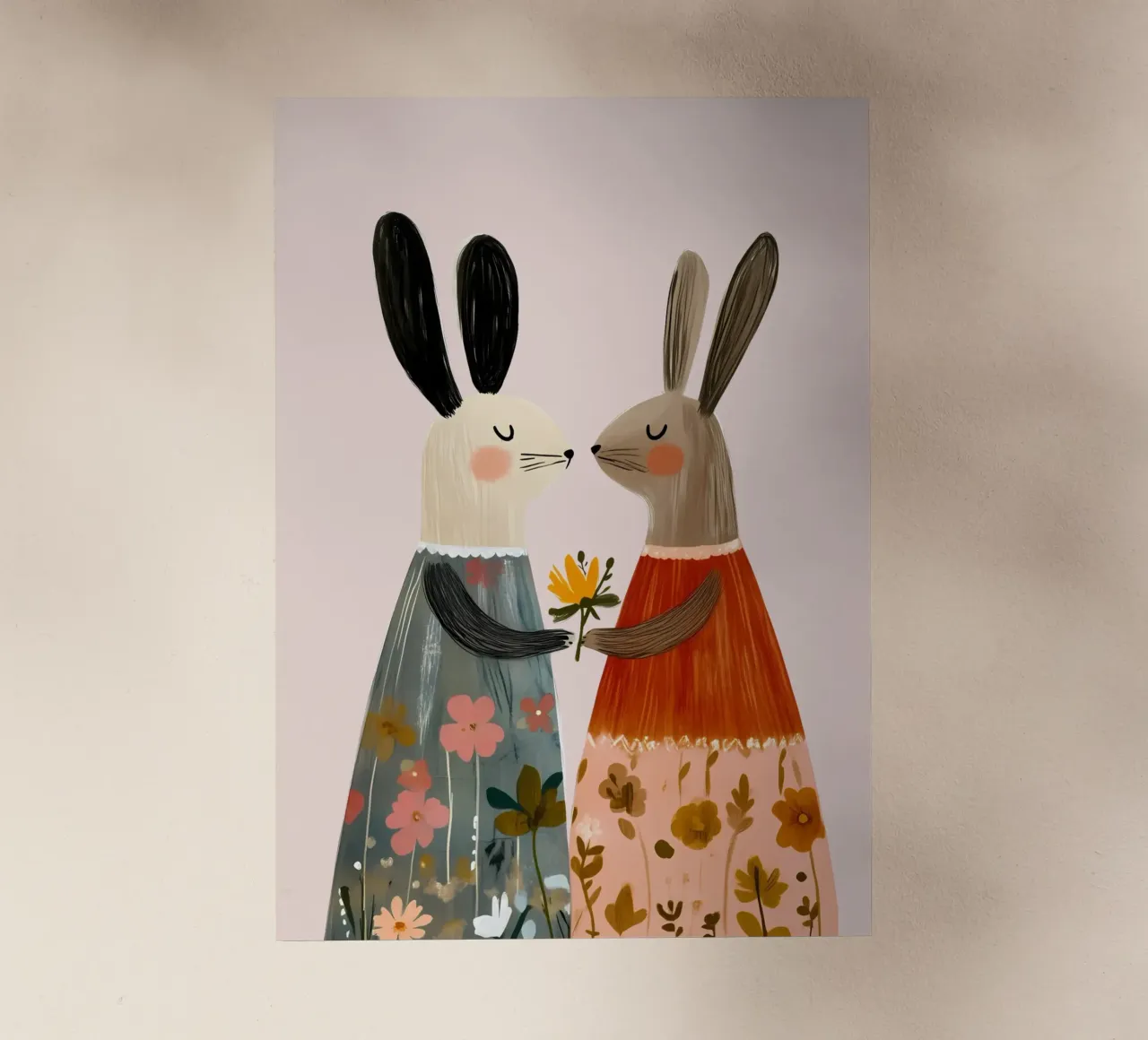 Dos conejos dando flores Bohemian Art Print lámina retroiluminada de vintagepod