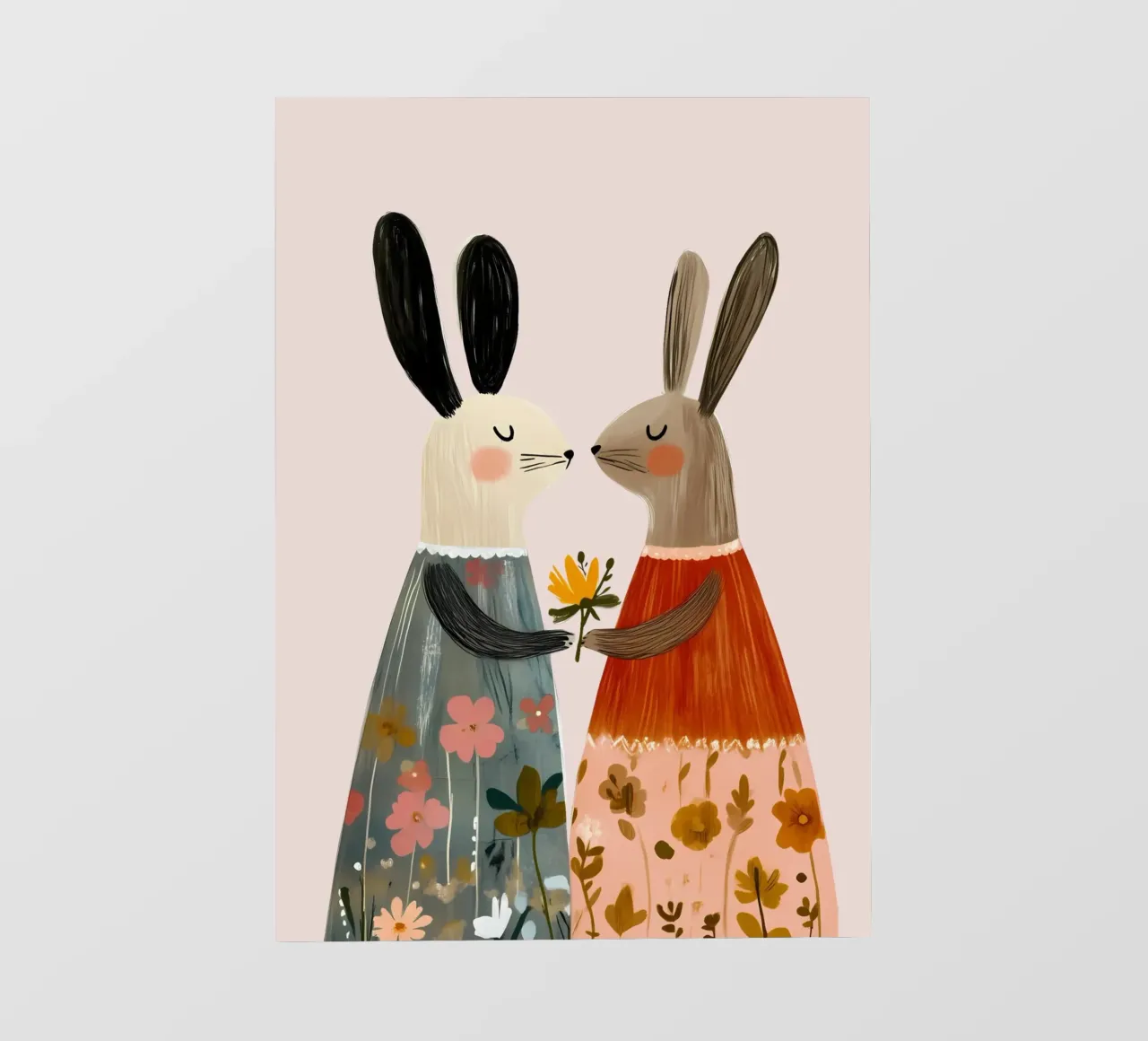 Dos conejos dando flores Bohemian Art Print lámina retroiluminada de vintagepod
