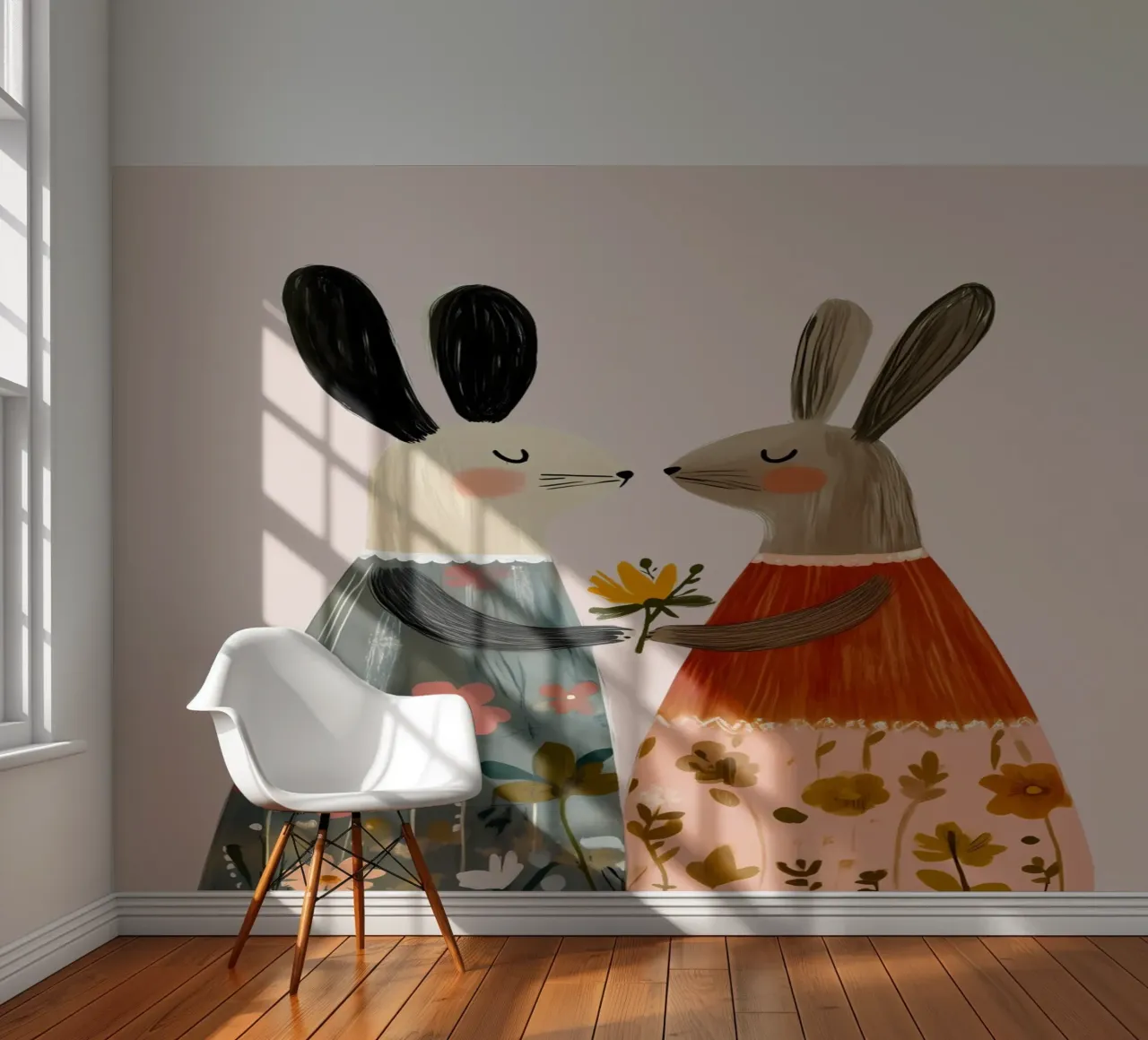Dos conejos dando flores Bohemian Art Print papel para pared de vintagepod