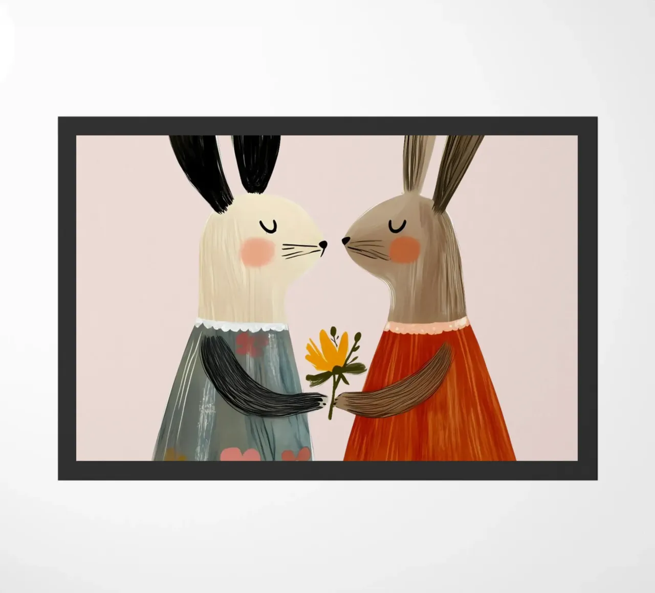 Dos conejos dando flores Bohemian Art Print felpudo de vintagepod