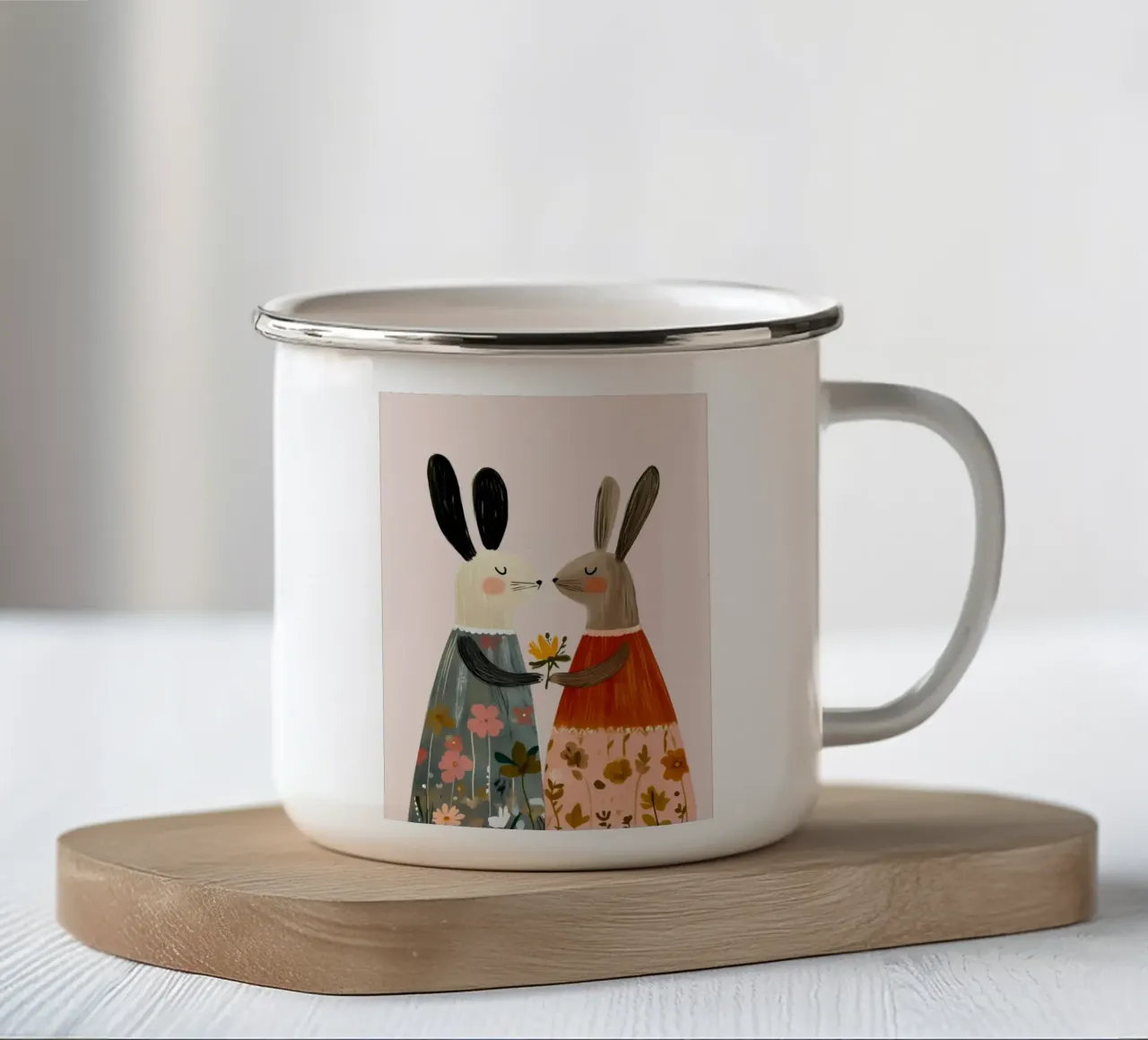 Dos conejos dando flores Bohemian Art Print taza de esmalte de vintagepod