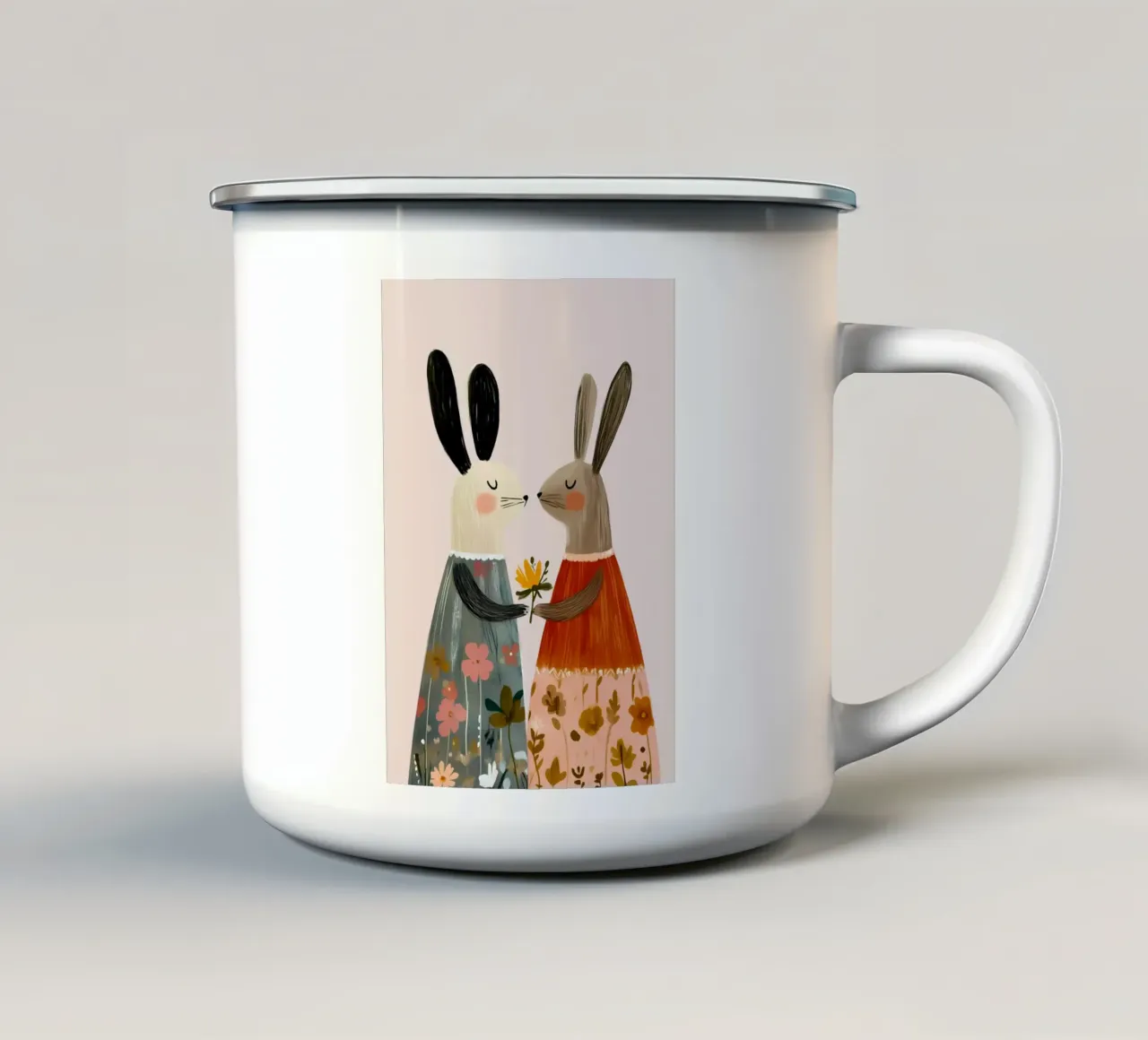 Dos conejos dando flores Bohemian Art Print taza de esmalte de vintagepod
