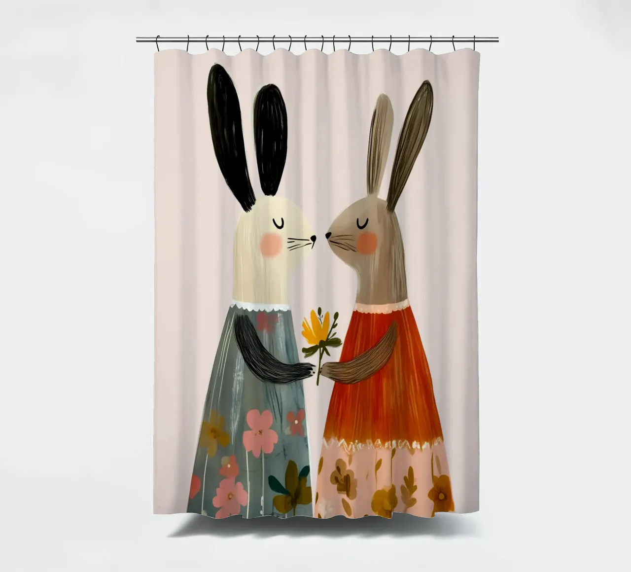 Dos conejos dando flores Bohemian Art Print cortina de baño de vintagepod