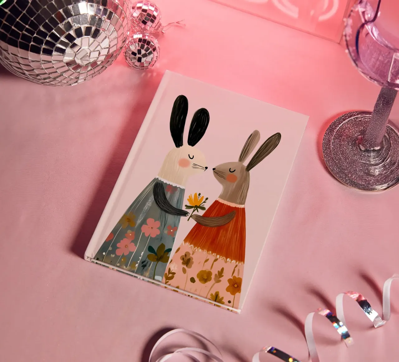Two Rabbits Giving Flower Bohemian Art Print notebook by vintagepod