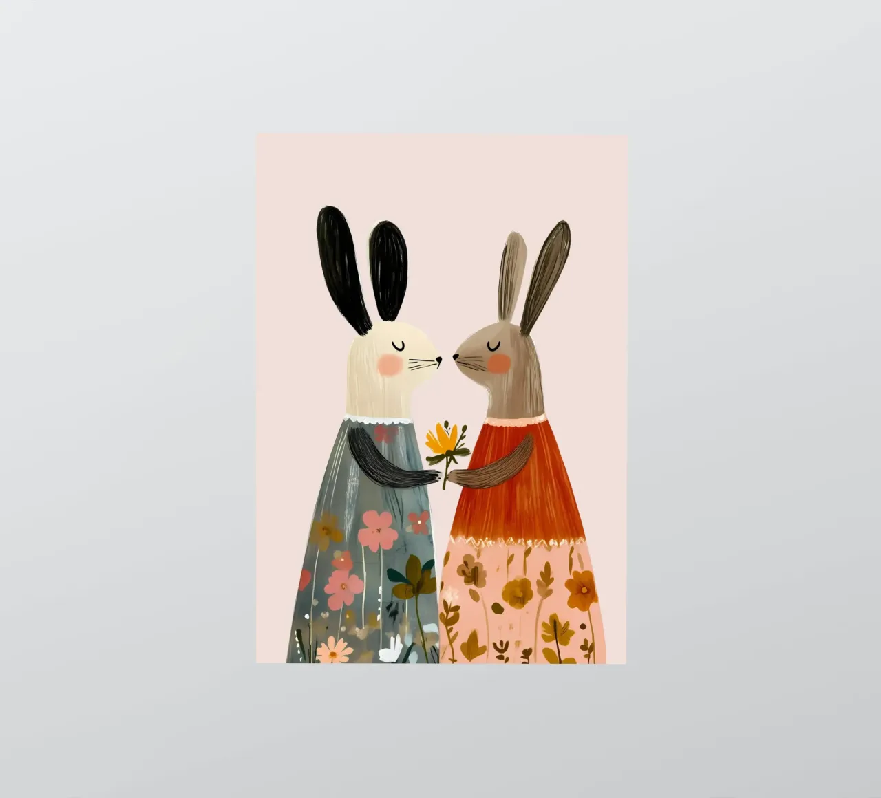 Dos conejos dando flores Bohemian Art Print pegatina de vintagepod