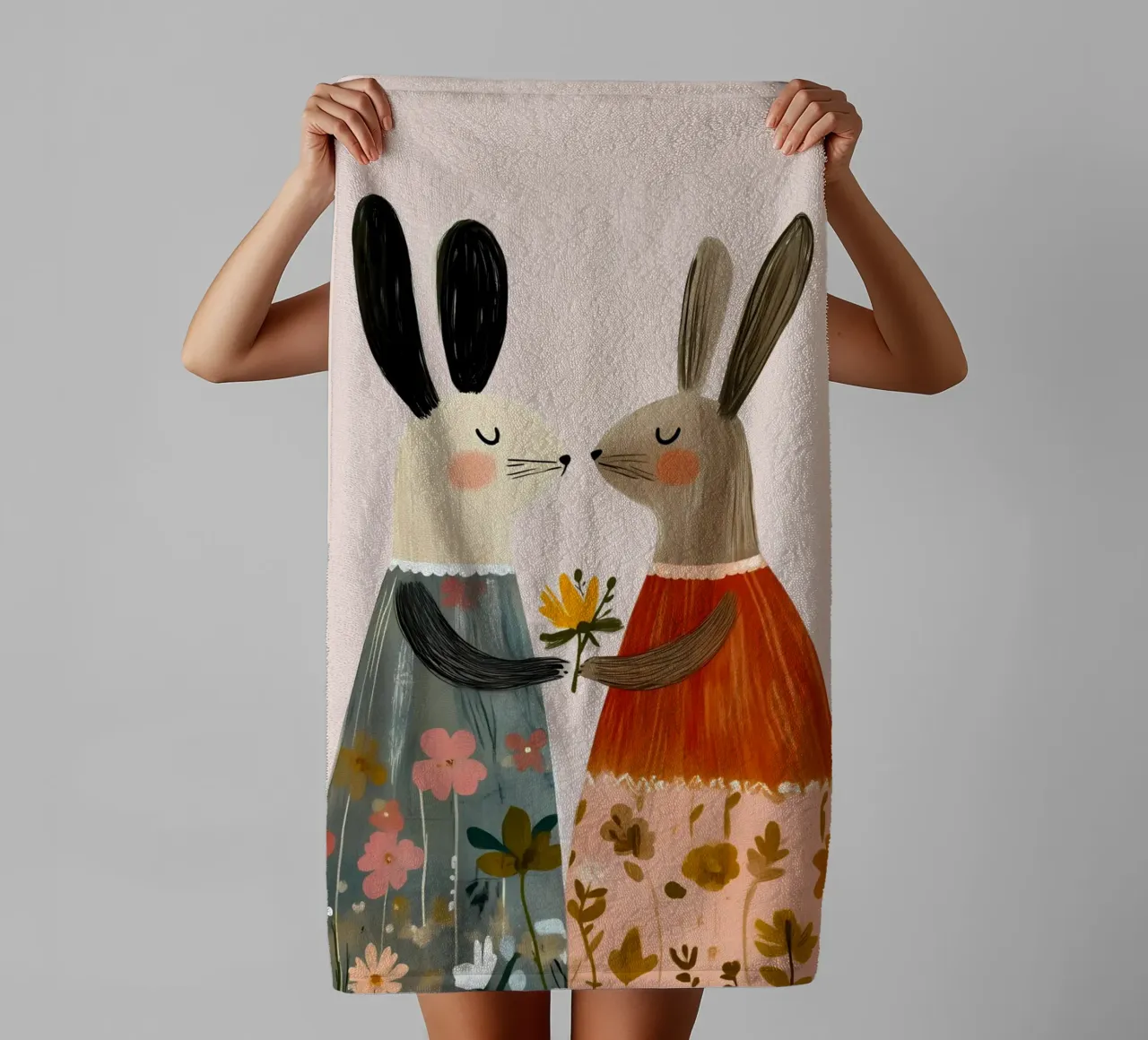Dos conejos dando flores Bohemian Art Print toalla de baño de vintagepod