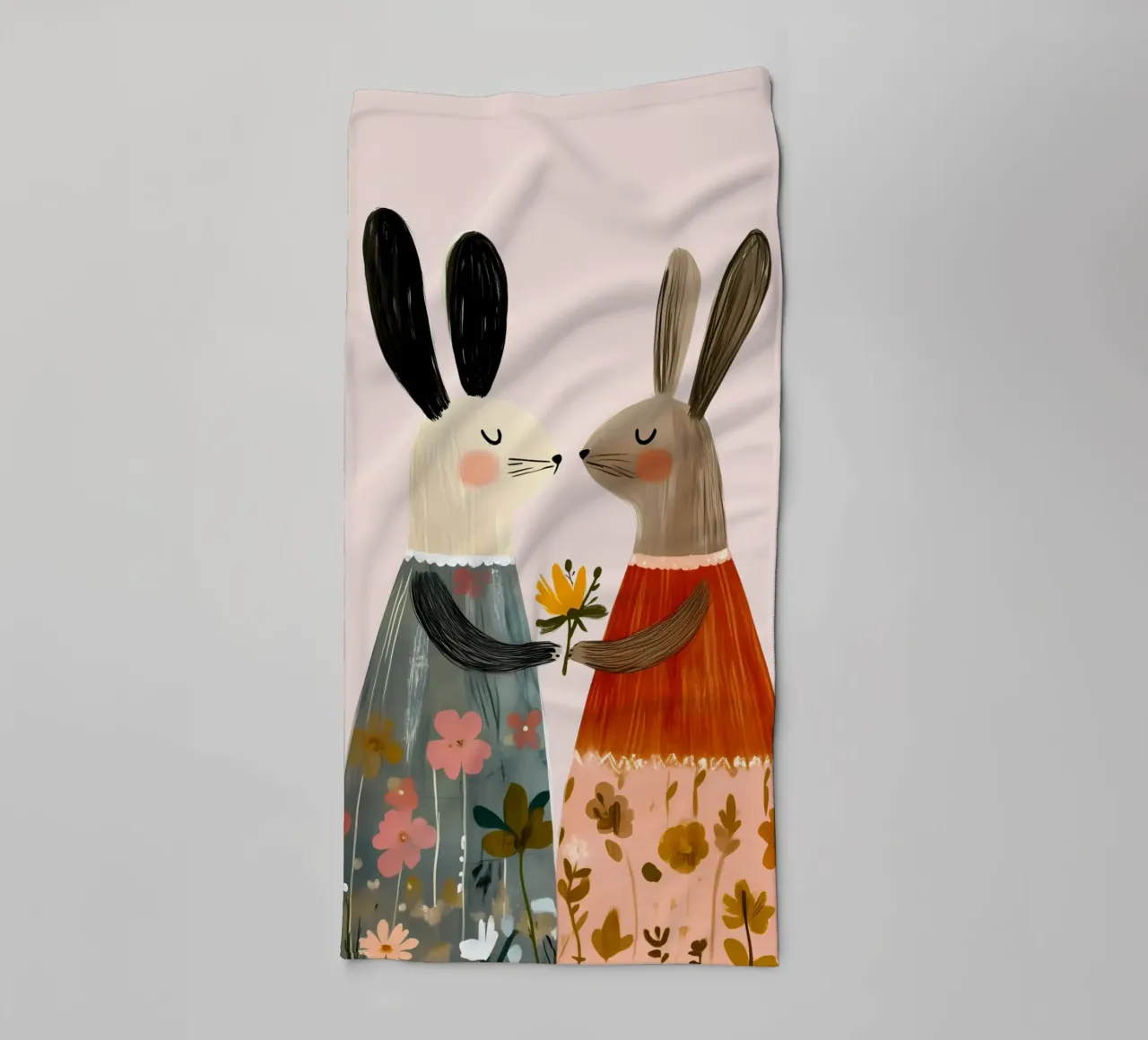 Dos conejos dando flores Bohemian Art Print toalla de baño de vintagepod