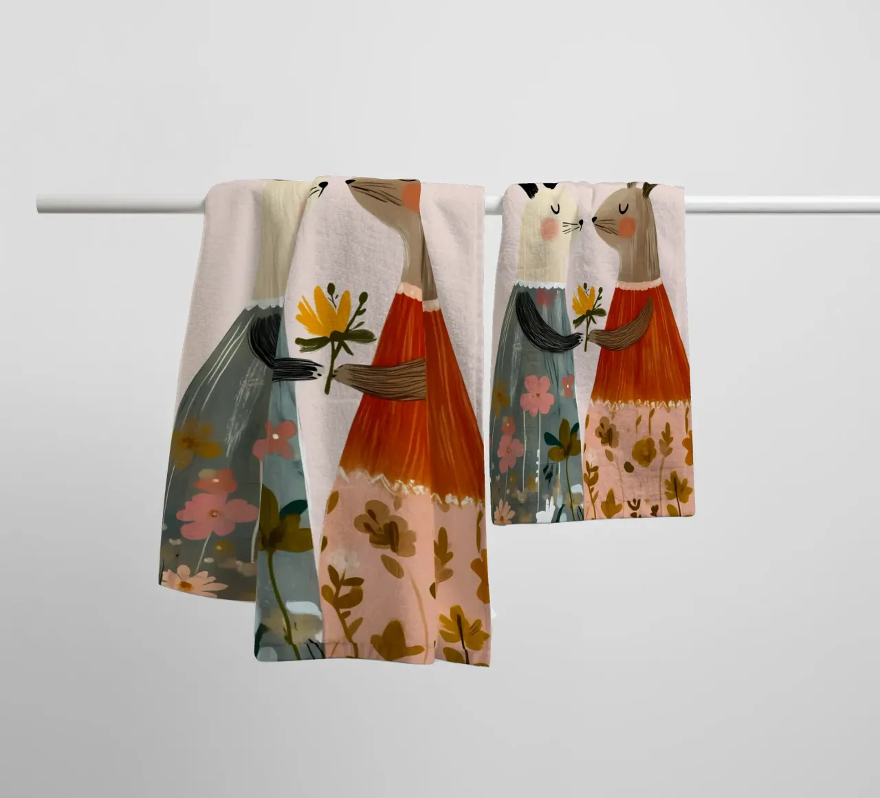 Dos conejos dando flores Bohemian Art Print toalla de baño de vintagepod