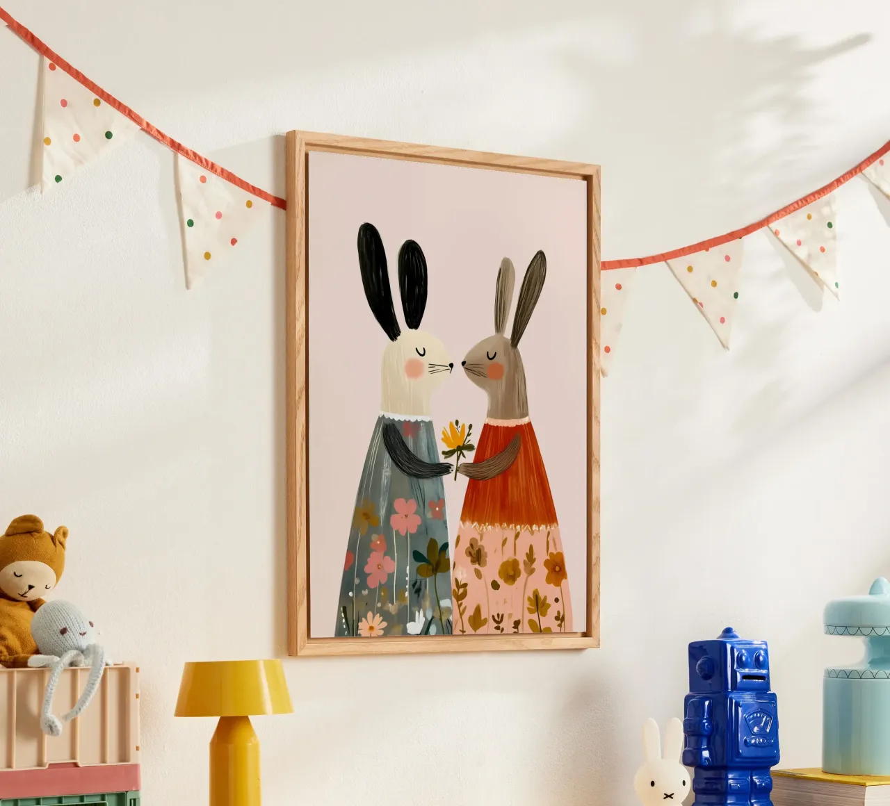 Dos conejos dando flores Bohemian Art Print metacrilato de vintagepod