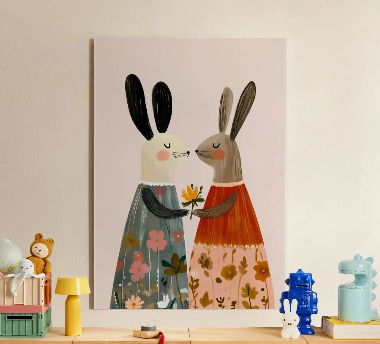 Dos conejos dando flores Bohemian Art Print metacrilato de vintagepod