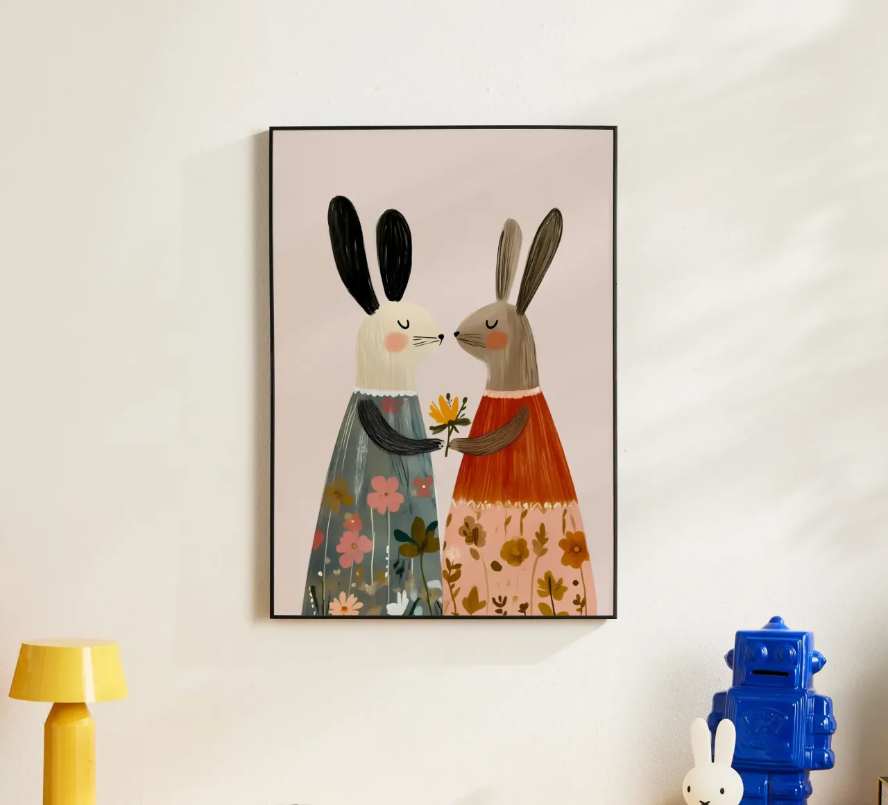 Dos conejos dando flores Bohemian Art Print aluminio dibond de vintagepod