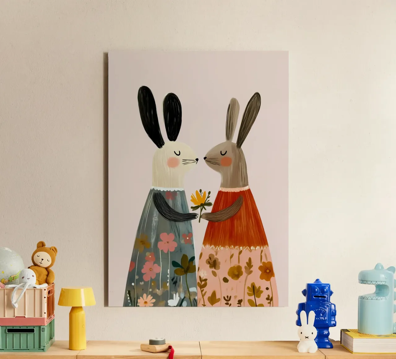 Dos conejos dando flores Bohemian Art Print aluminio dibond de vintagepod