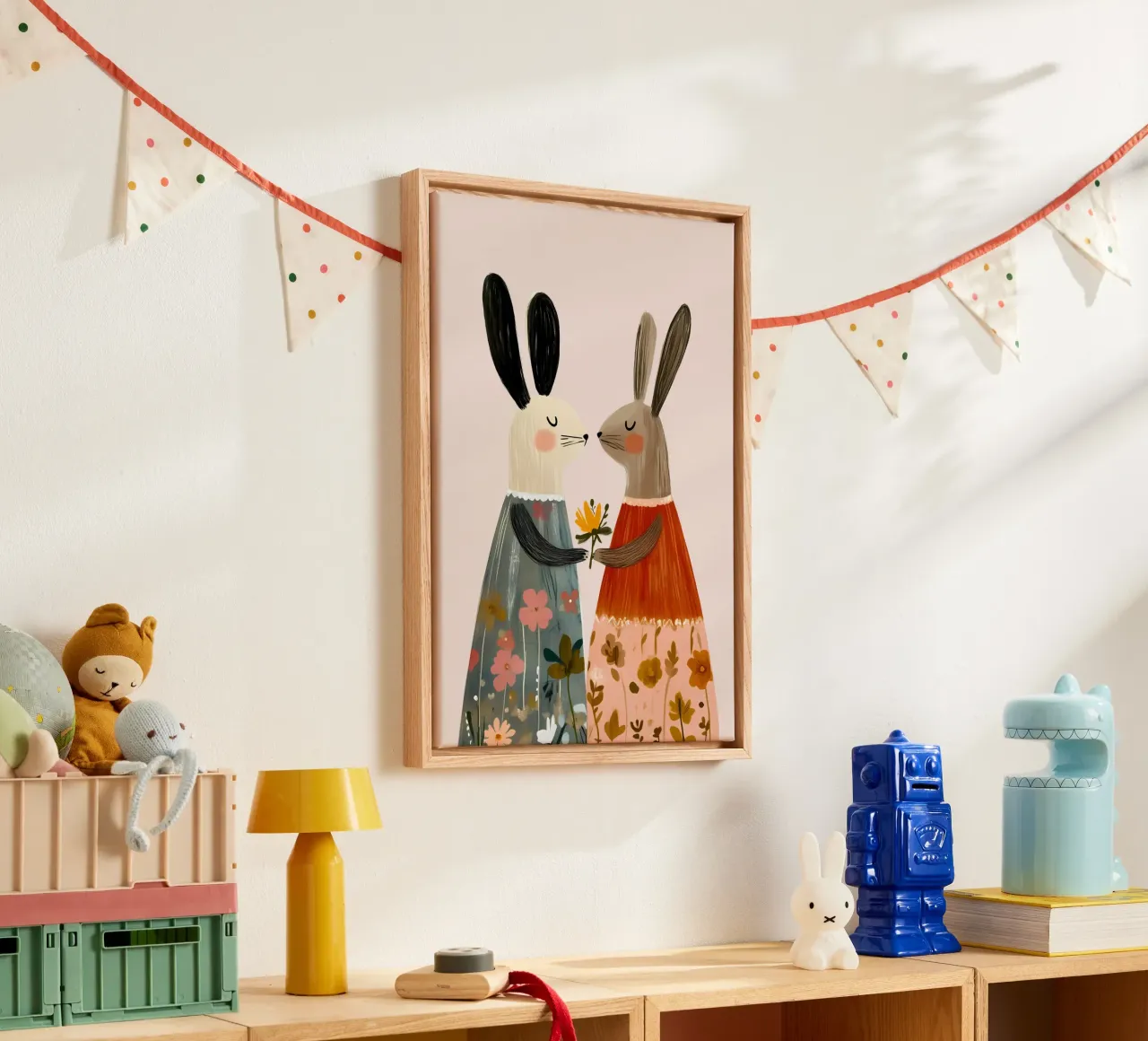 Two Rabbits Giving Flower Bohemian Art Print canvas with Floater frame by vintagepod