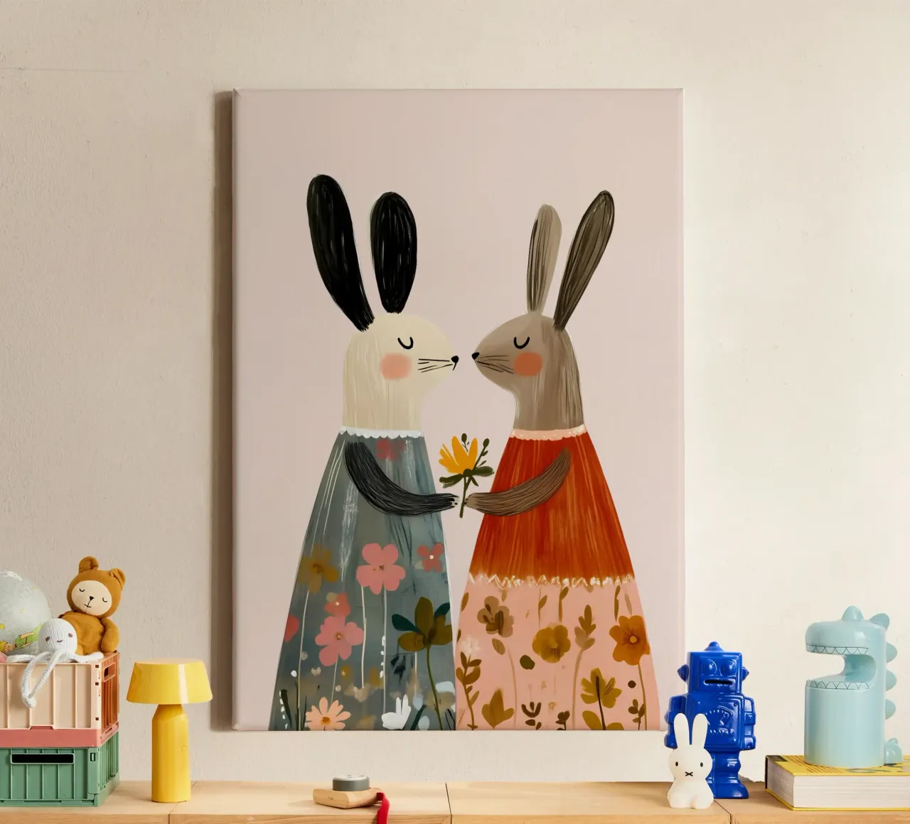 Two Rabbits Giving Flower Bohemian Art Print canvas with Floater frame by vintagepod