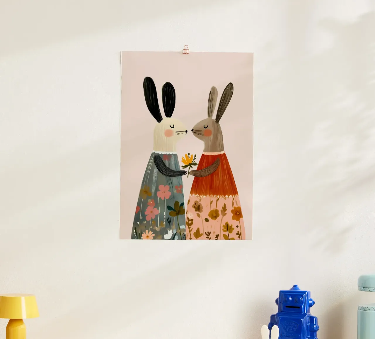 Two Rabbits Giving Flower Bohemian Art Print poster by vintagepod