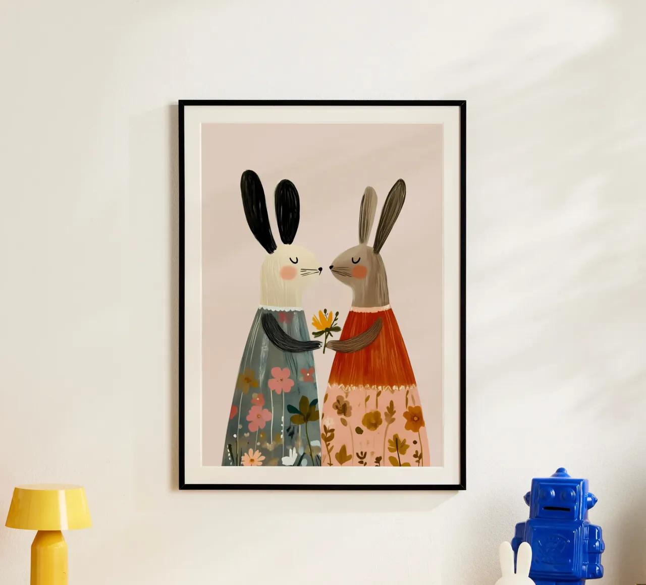 Two Rabbits Giving Flower Bohemian Art Print poster by vintagepod