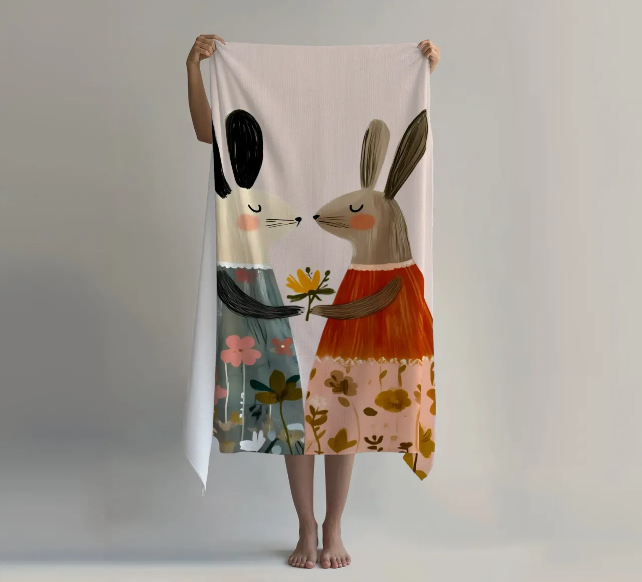 Dos conejos dando flores Bohemian Art Print toalla de playa de vintagepod