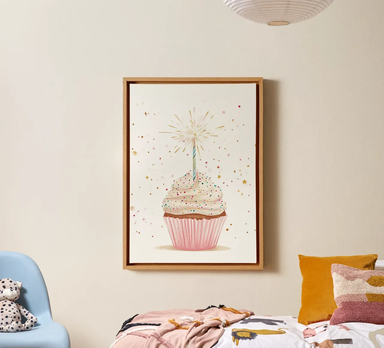 Birthday Cupcake with Sparkler Digital Art Print canvas with Floater frame by vintagepod