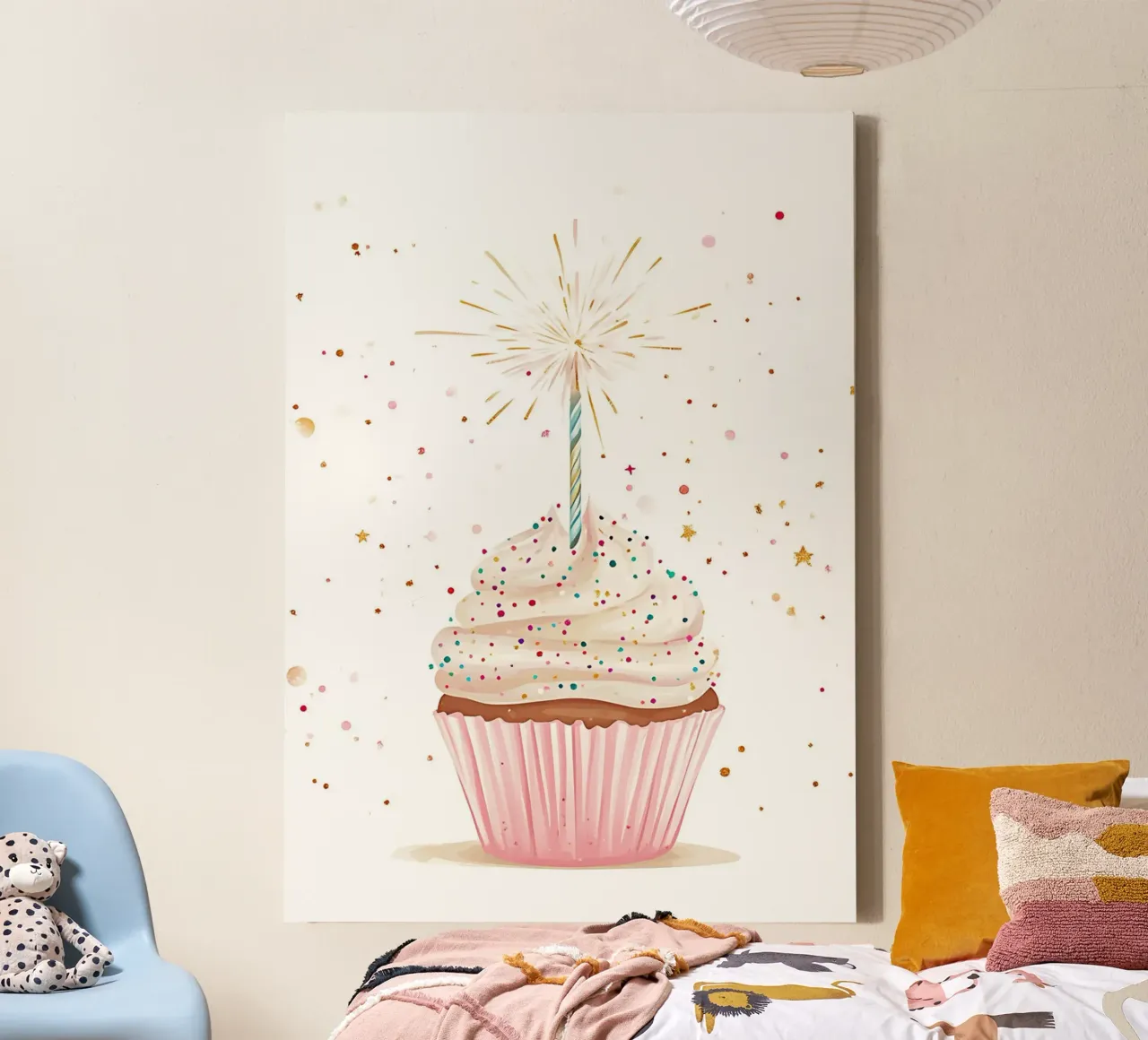 Birthday Cupcake with Sparkler Digital Art Print canvas with Floater frame by vintagepod